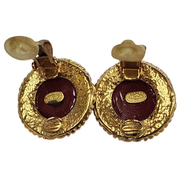 Chanel Red Cabochon Gold-Tone Clip-back Earrings, marked 96A - Picture 2 of 9